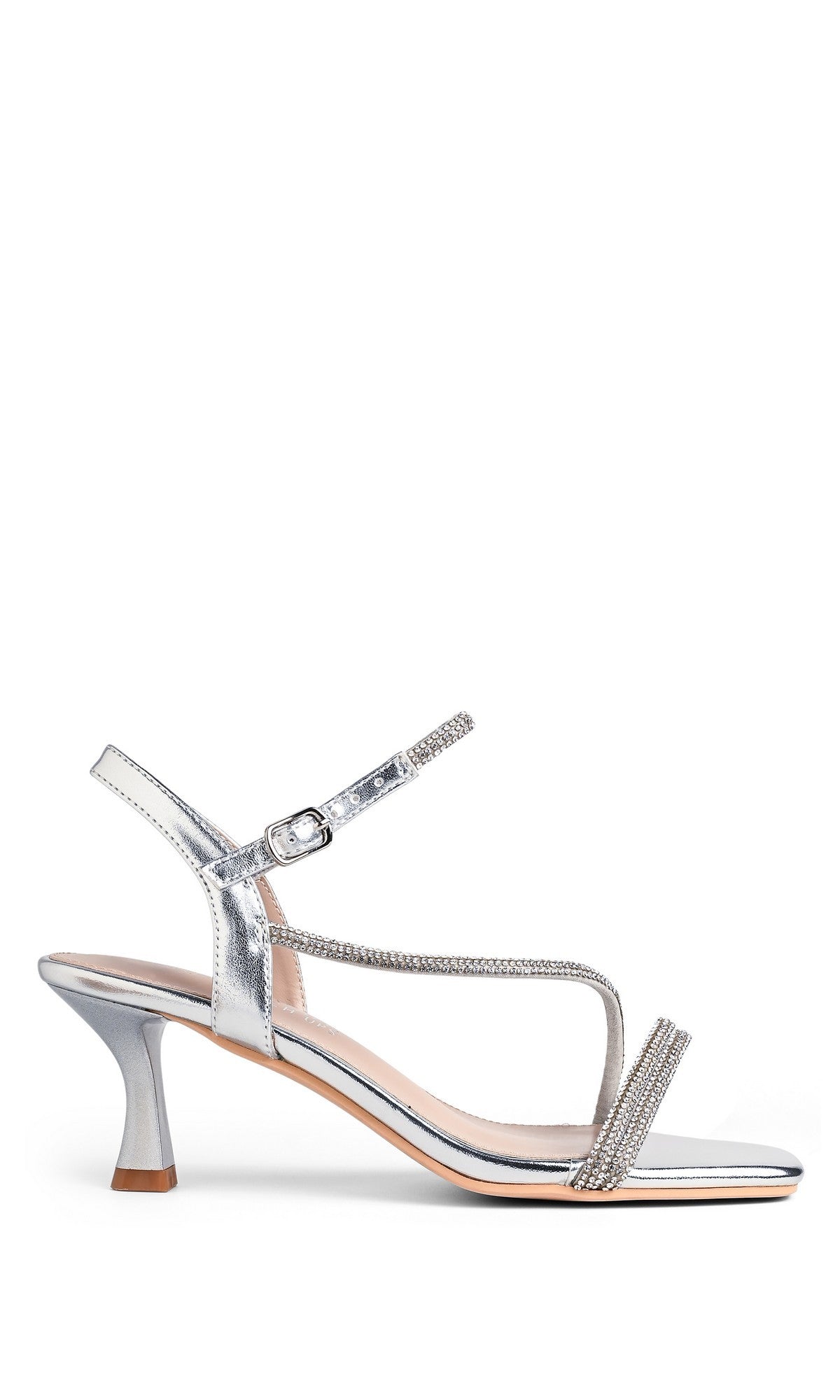 Tiffany Silver Prom Shoes: Touch Ups 4757—sleek silver open-toe sandals with low kitten heel, rhinestone-embellished thin straps, and ankle buckle; perfect for adding elegant sparkle to any prom look.